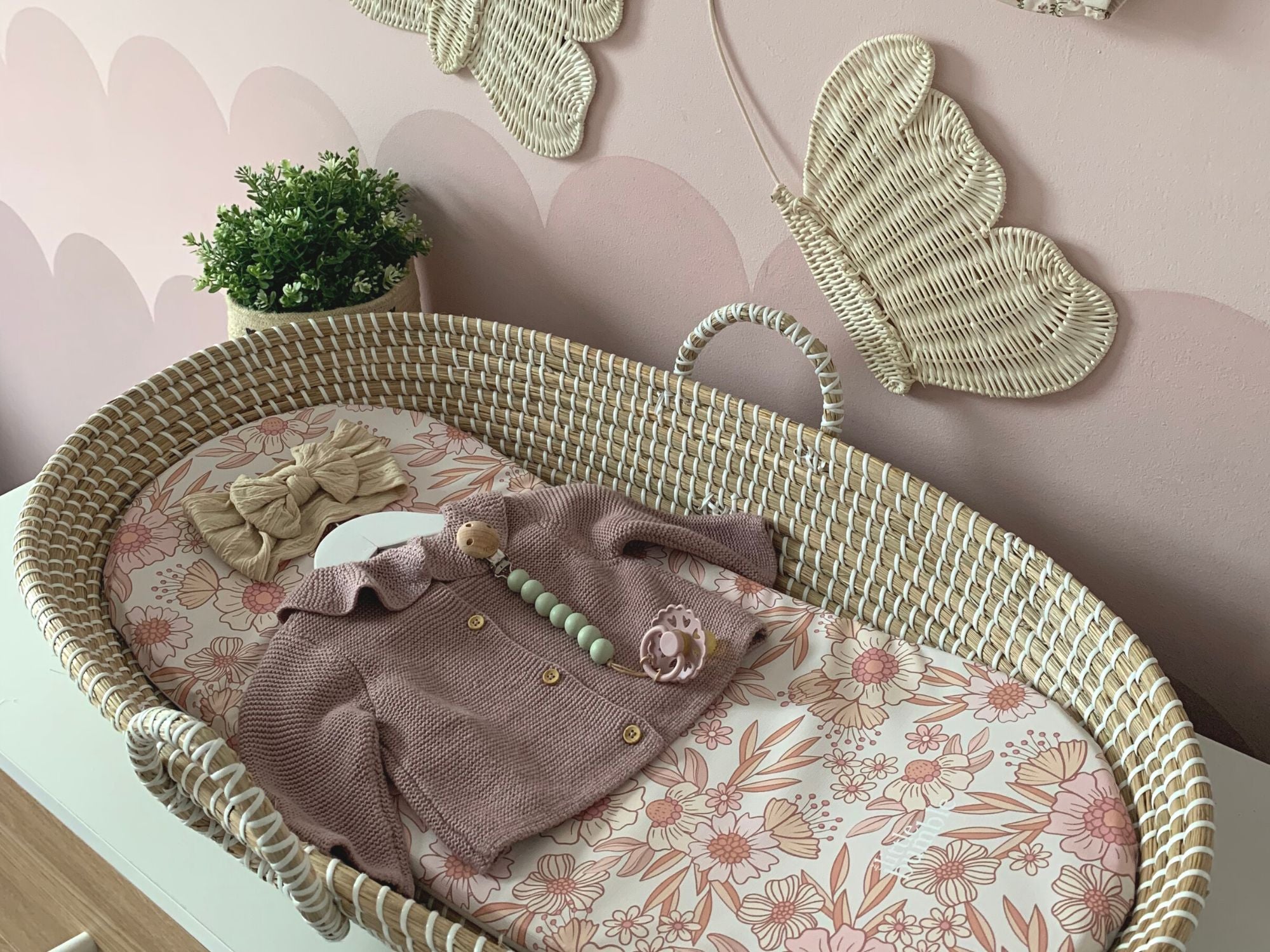 retro floral changing basket in pink boho girls nursery