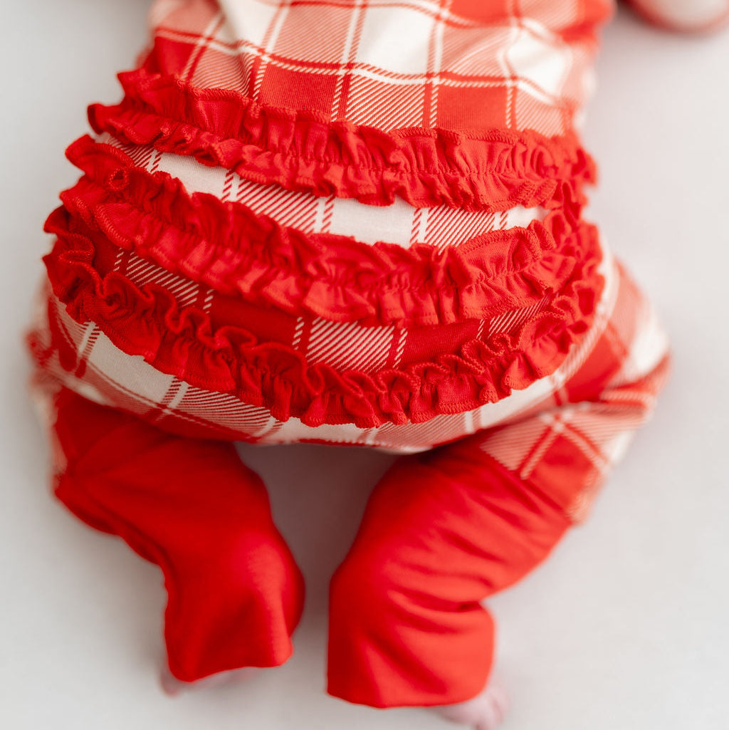 Red Plaid Zip Ruffle Sleepsuit