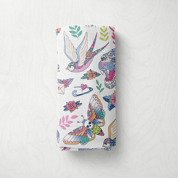 Bamboo Muslin Swaddle - Bright tattoo