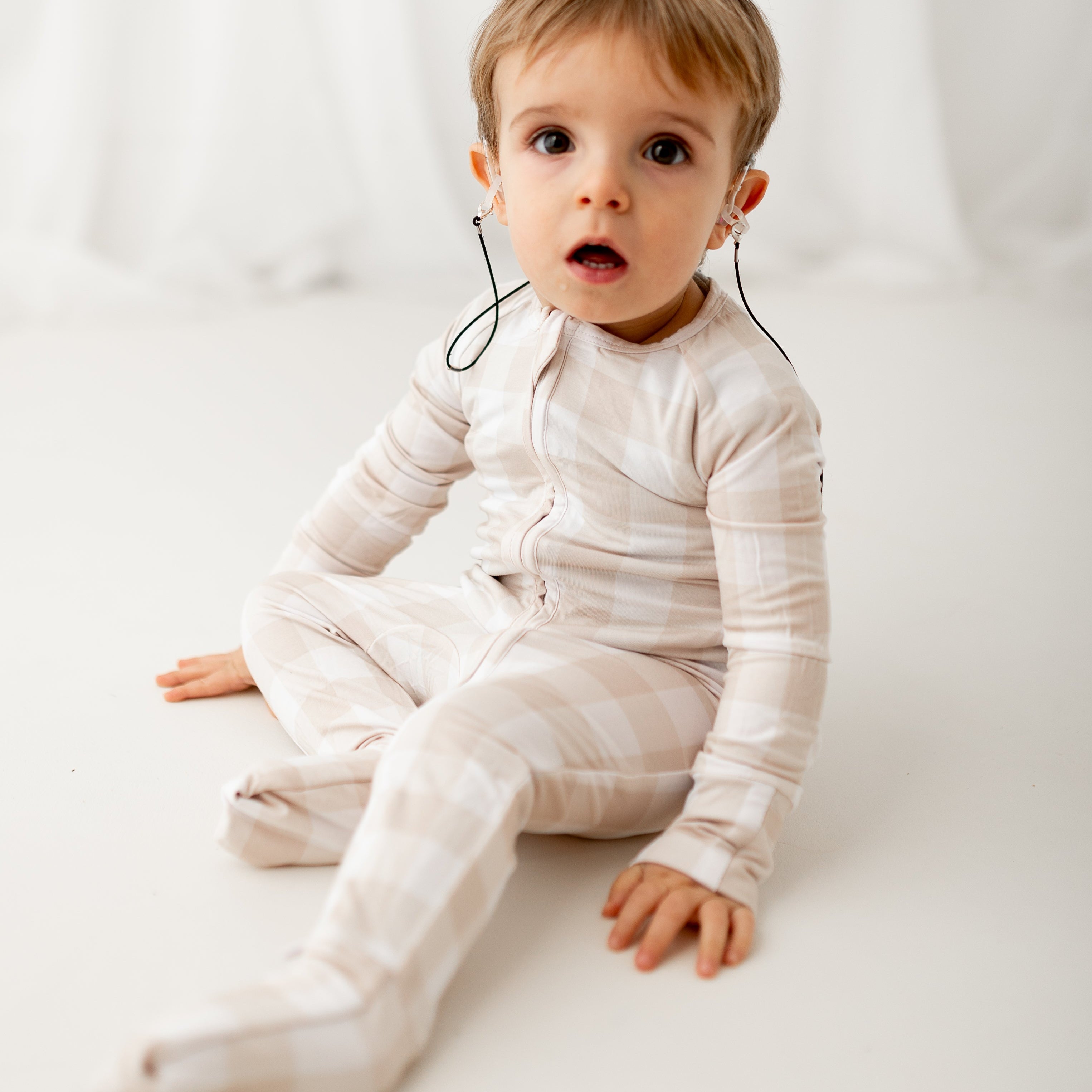 Beige Gingham 2 Way Zip Sleepsuit