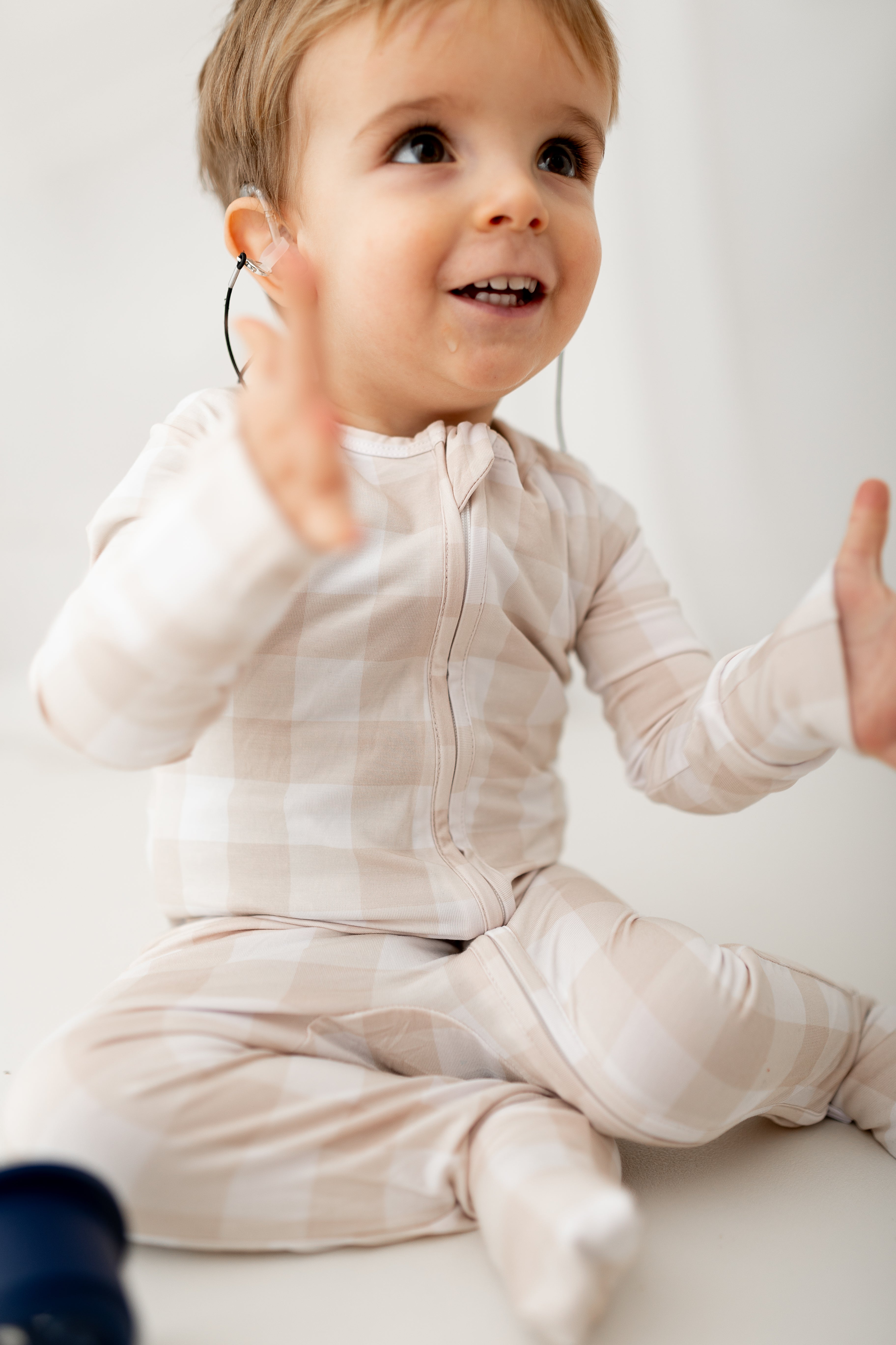 Beige Gingham 2 Way Zip Sleepsuit