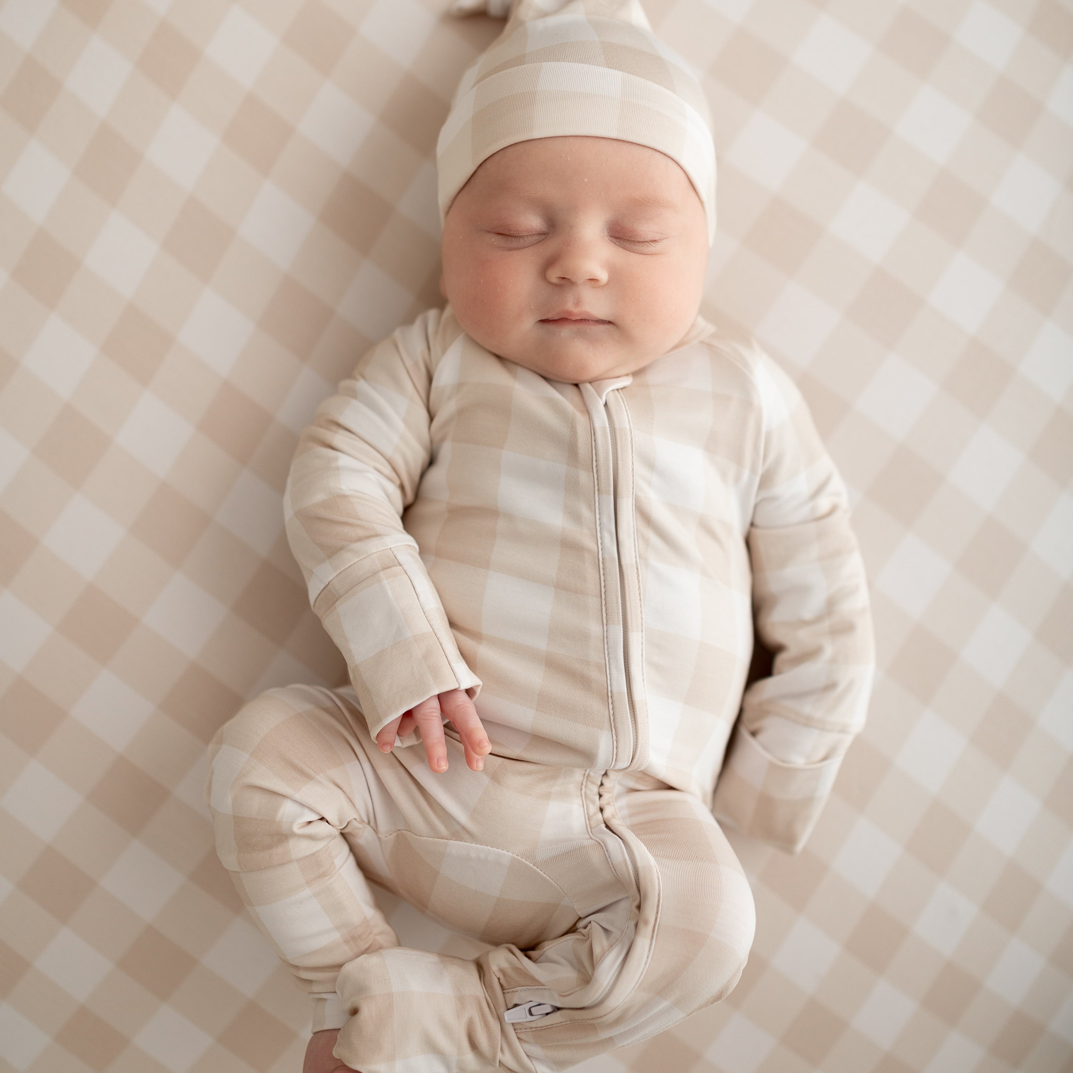 Beige Gingham 2 Way Zip Sleepsuit