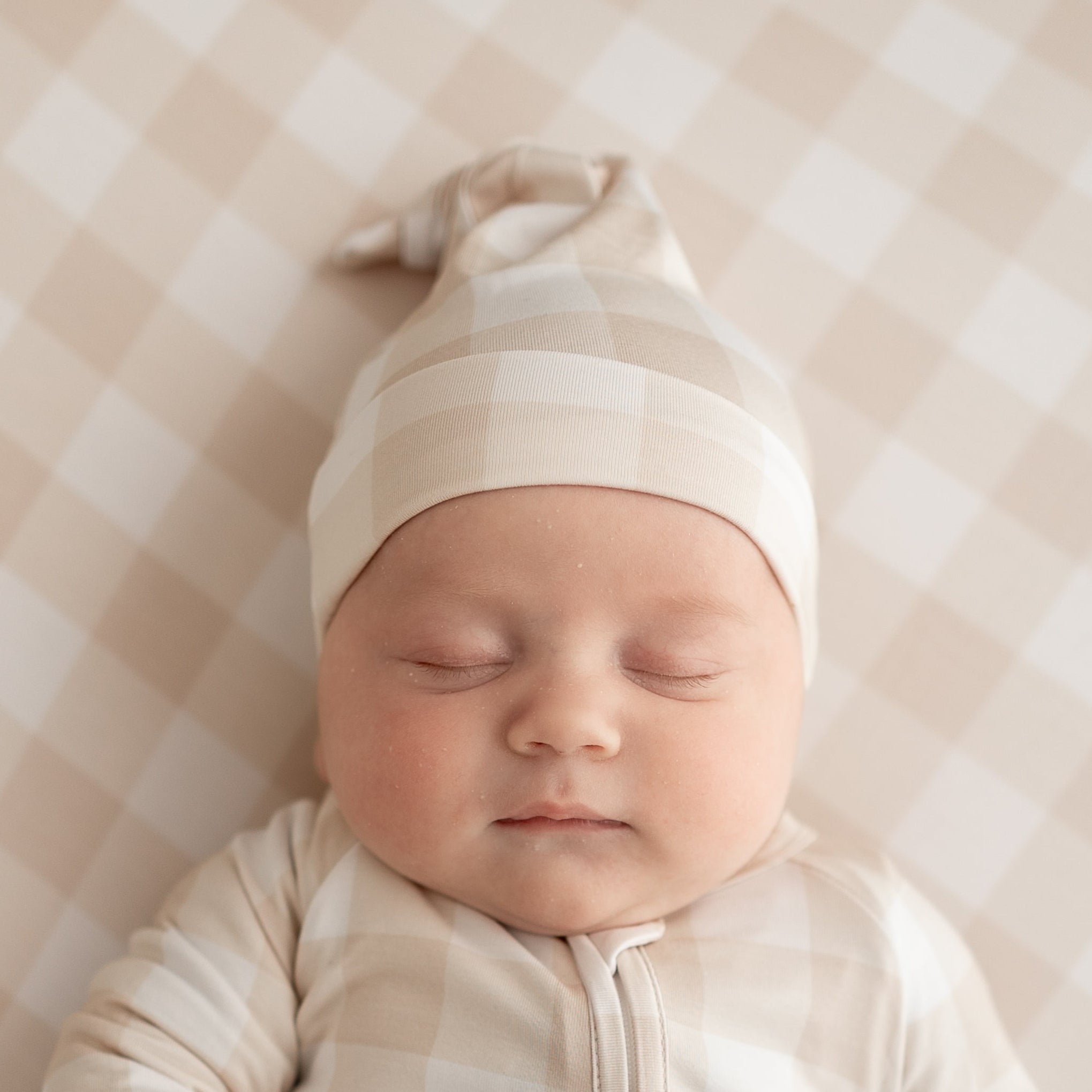 Beige Gingham Knotted Beanie Hat