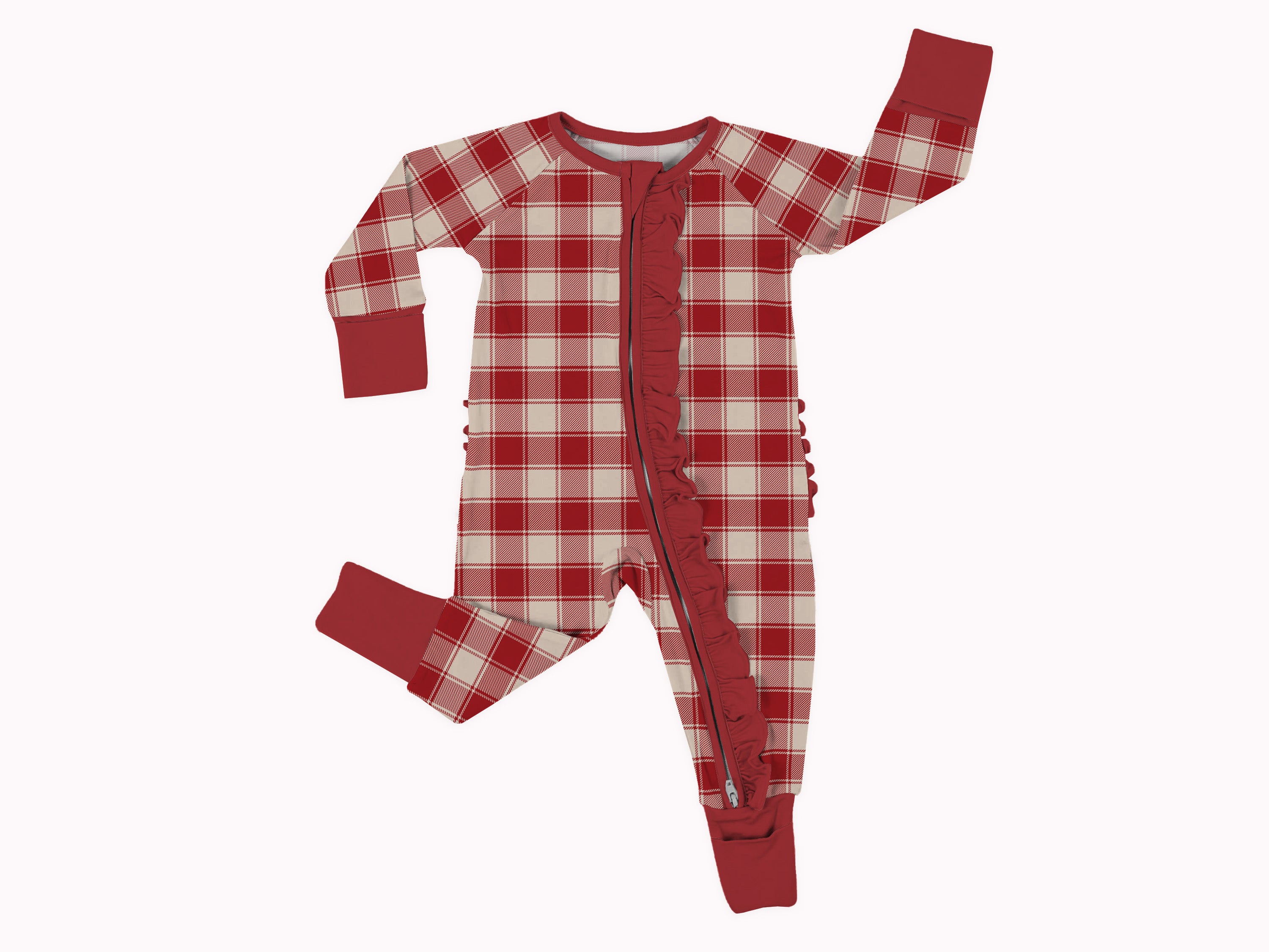 Red Plaid Way Zip Sleepsuit Bamboo Romper - Main Image