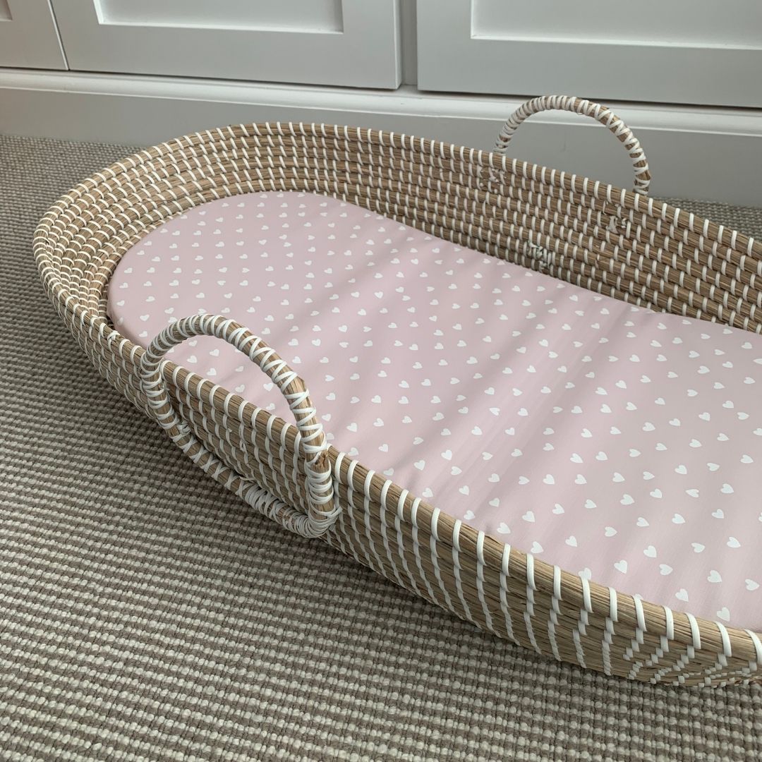 Changing Basket Mat Liner - White Mini Hearts - The Little Bumble Co.
