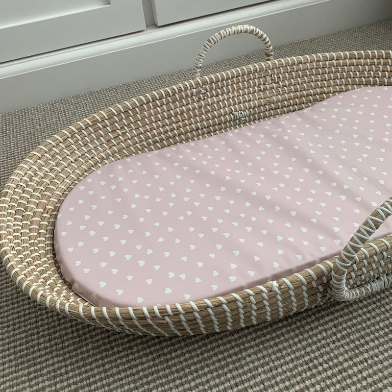 Changing Basket Mat Liner - White Mini Hearts - The Little Bumble Co.