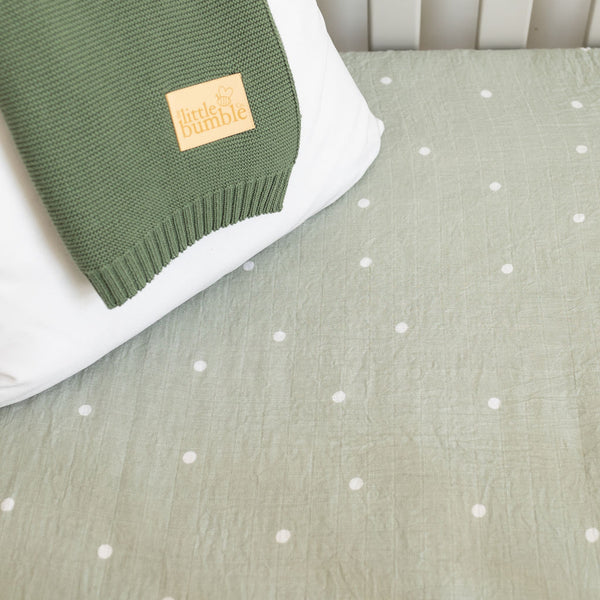 Fitted Muslin Bedside Crib Sheet - Sage Polka Dot - The Little Bumble Co.