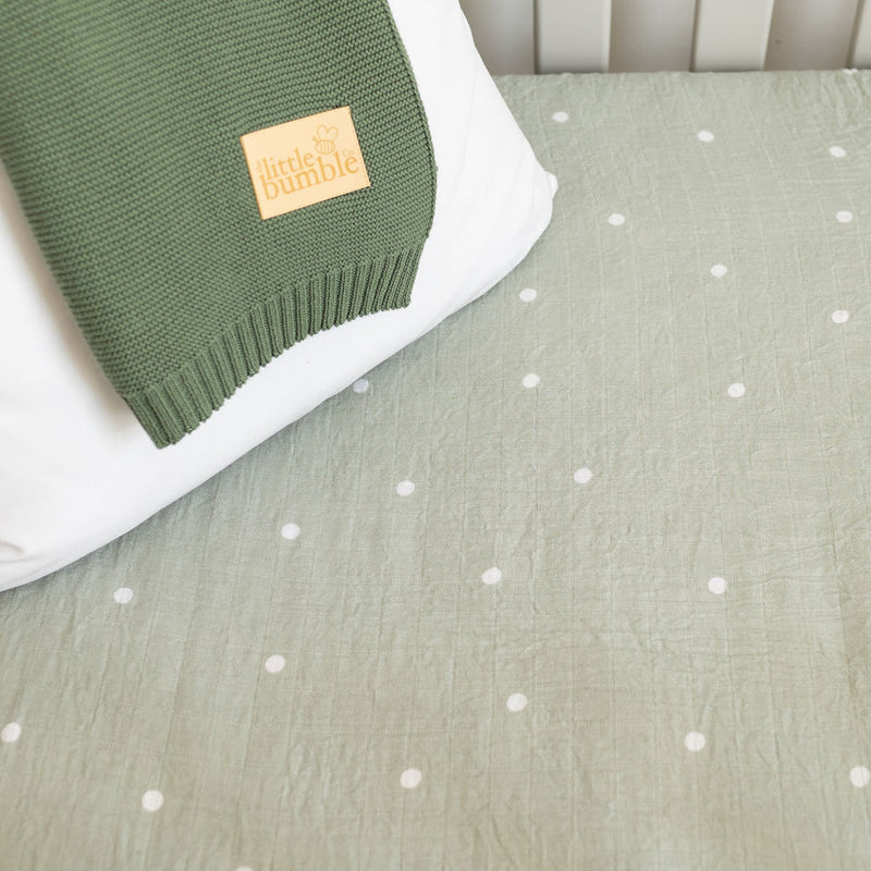Fitted Muslin Bedside Crib Sheet - Sage Polka Dot - The Little Bumble Co.