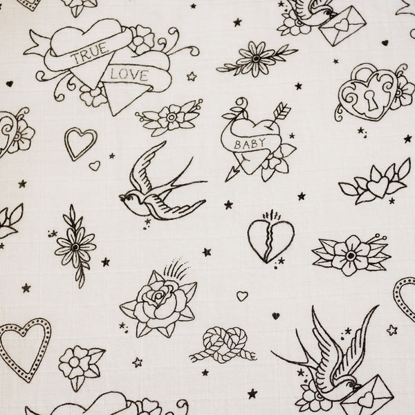 Fitted Muslin Cot Sheet - Monochrome Tattoo - The Little Bumble Co.