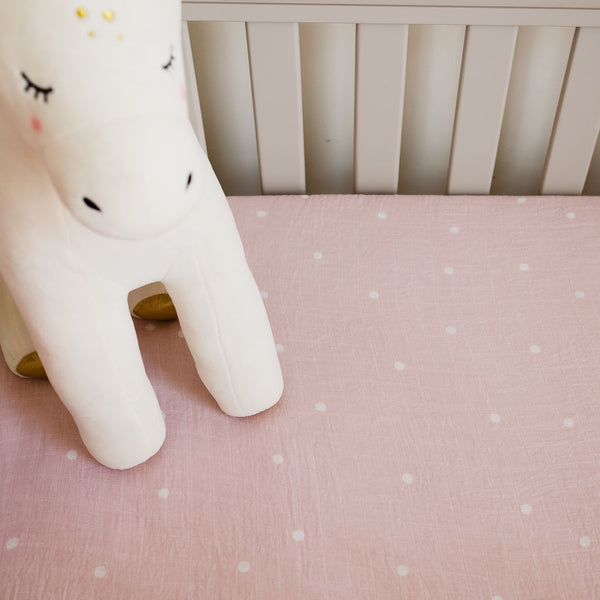 Fitted Muslin Cot Sheet - Pink Polka Dots - The Little Bumble Co.