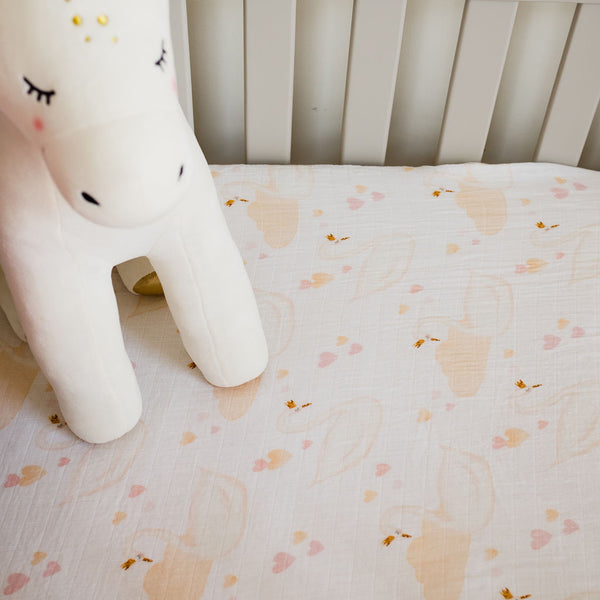 Fitted Muslin Bedside Crib Sheet - Swan Princess - The Little Bumble Co.